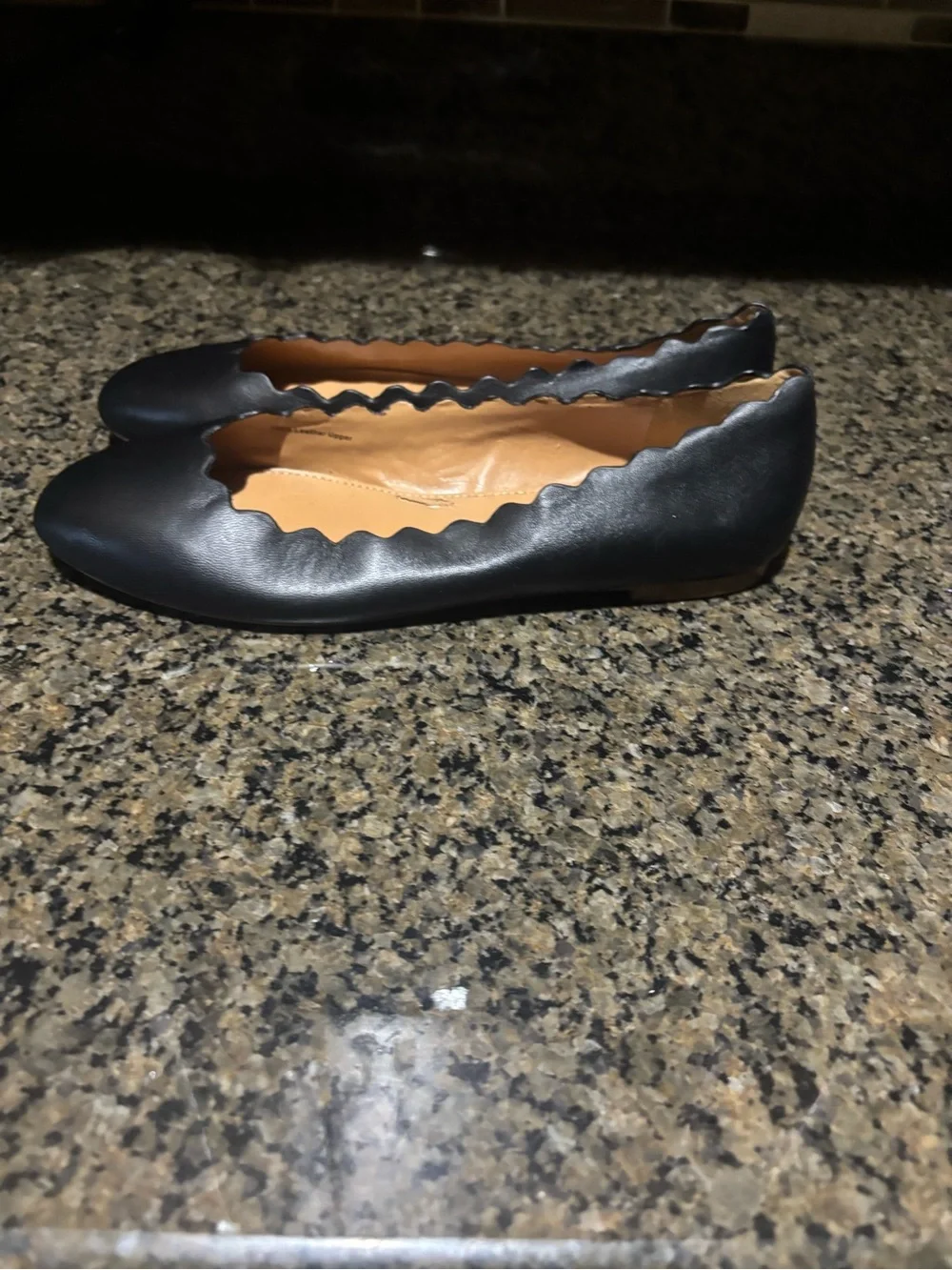 J. Crew Black Scalloped-Trim Leather Ballet Flats